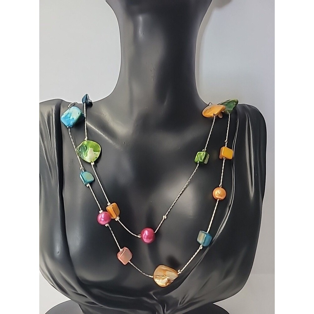 Vintage Multicolor Beaded Layered Necklace Boho Acrylic Silver Tone Jewelry